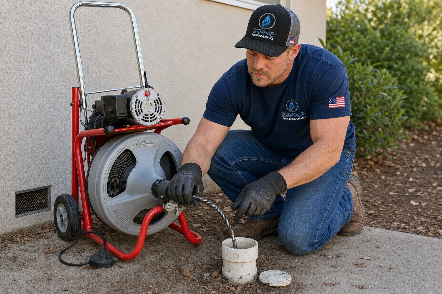 BluePoint Plumbing technician operating a drain machine on a job in Santa Clarita